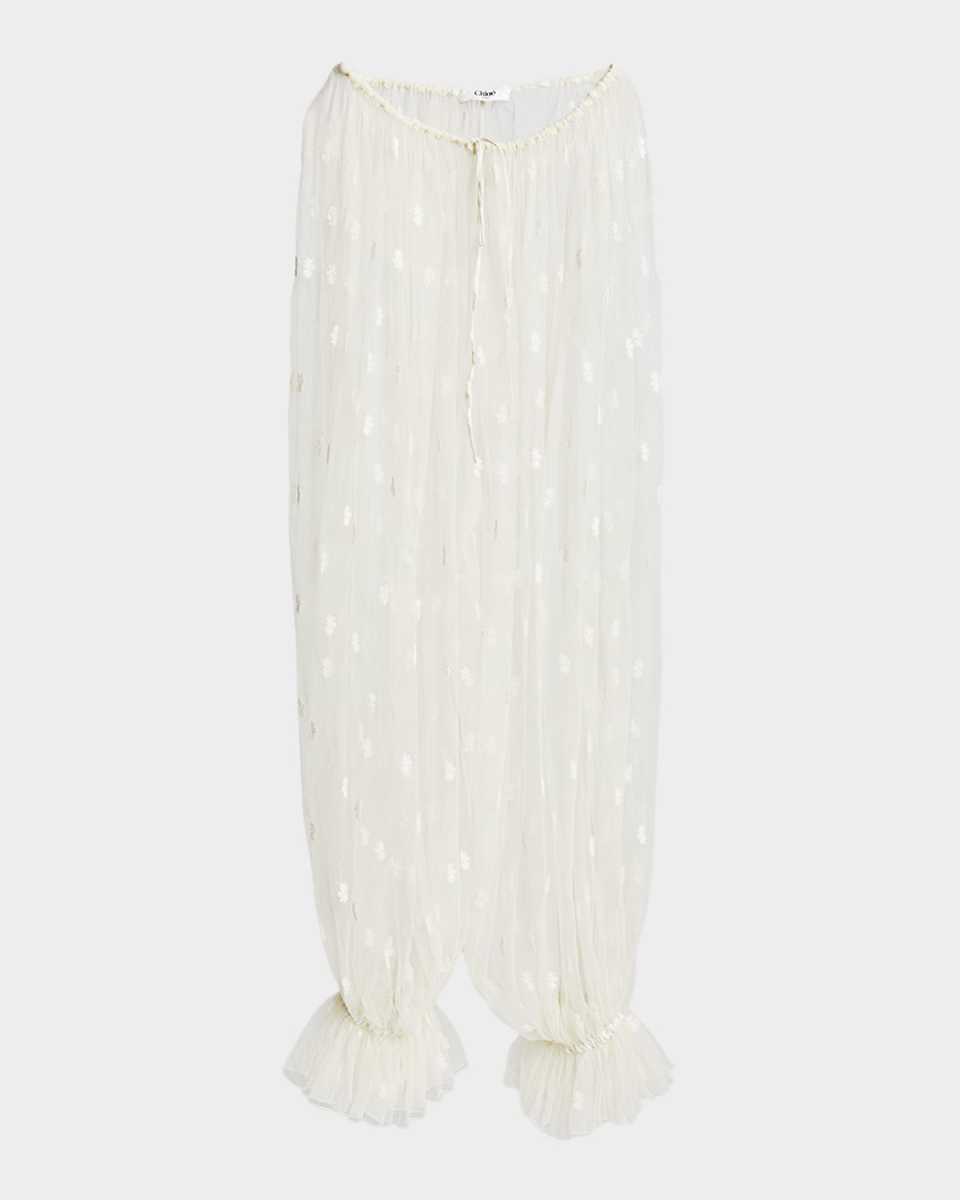 Embroidered Tulle Wide-Leg Ruffle Trousers